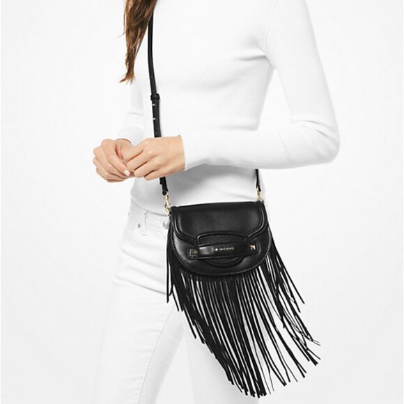 Michael Kors Cary Small Fringed Leather Crossbody Saddle Bag - Picture 2 of 13
